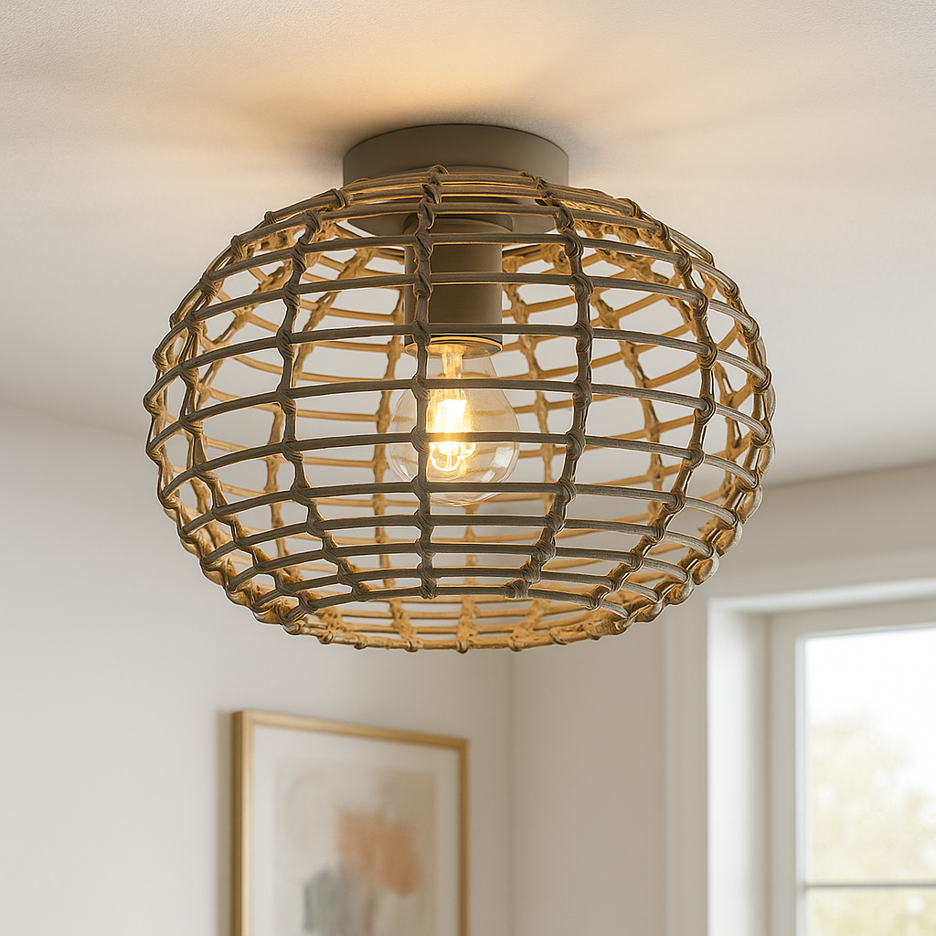 Rotan plafondlamp grijs, Roza
