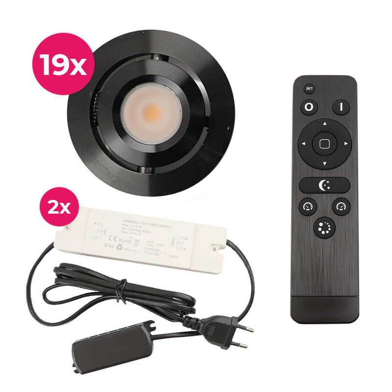 19 kantelbare veranda spots Rona, IP44, met aansluitset en afstandsbediening, zwart