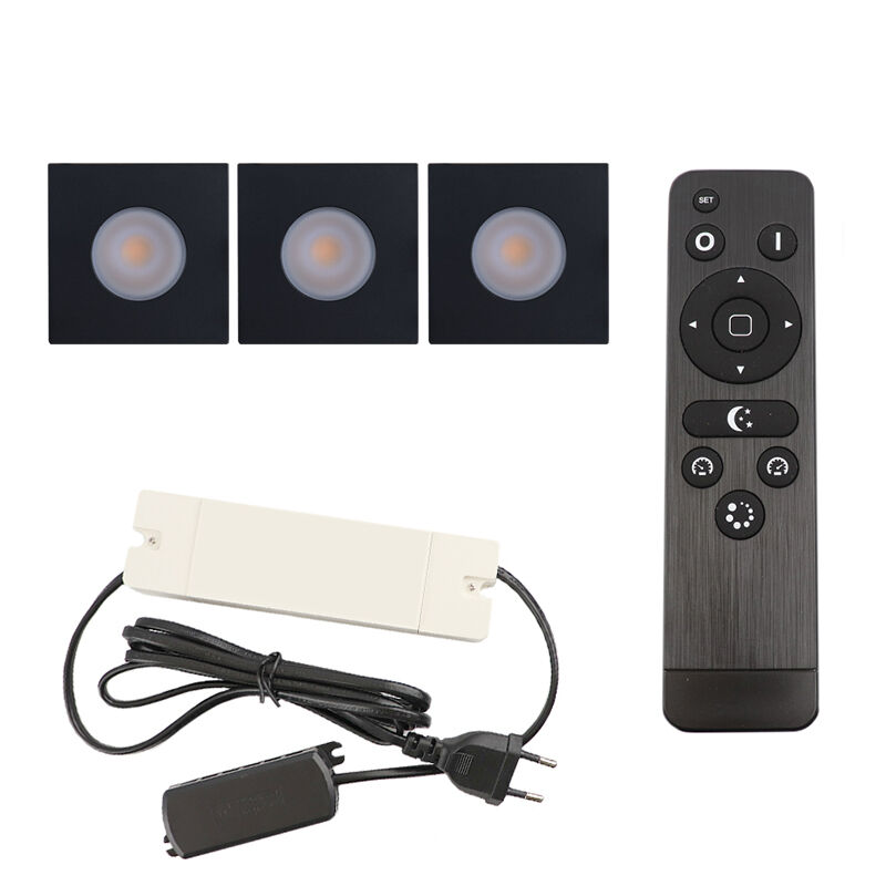 3 vierkante zwarte veranda inbouwspots Dico, IP65, incl. aansluitset en afstandbediening