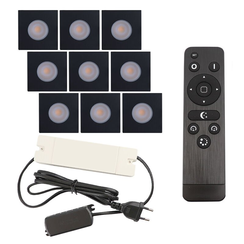 9 vierkante zwarte veranda inbouwspots Dico, IP65, incl. aansluitset en afstandbediening