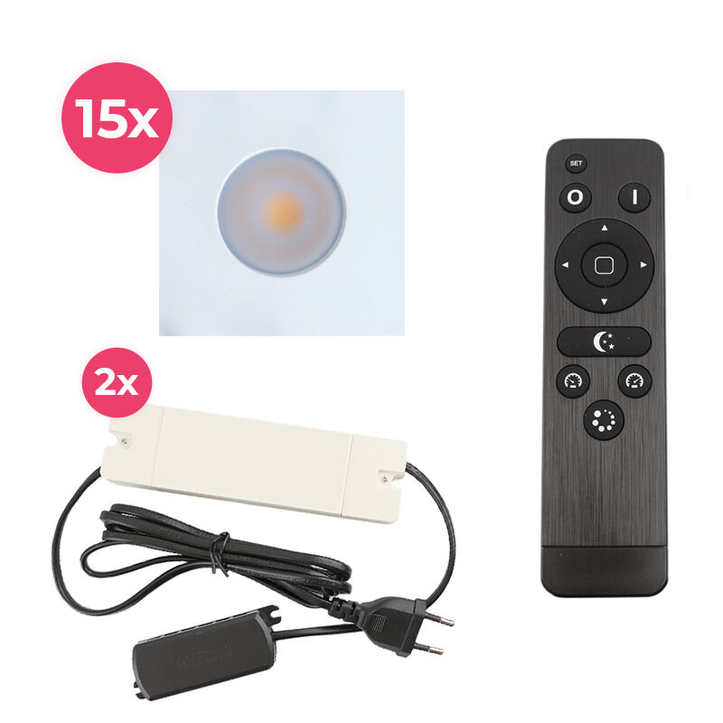 15 vierkante witte veranda inbouwspots Dico, IP65, incl. aansluitset en afstandbediening