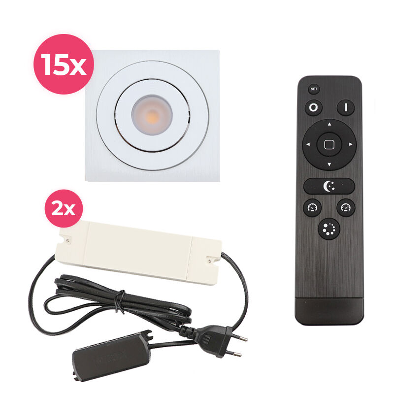 15 kantelbare veranda spots Rona vierkant, IP44, met aansluitset en afstandsbediening, wit