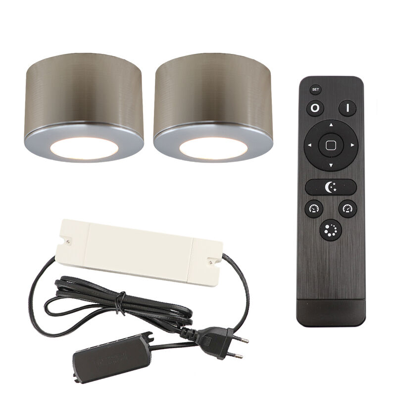 2 ronde geborsteld Chroom veranda opbouwpots Vasso, IP44, incl. aansluitset en afstandbediening