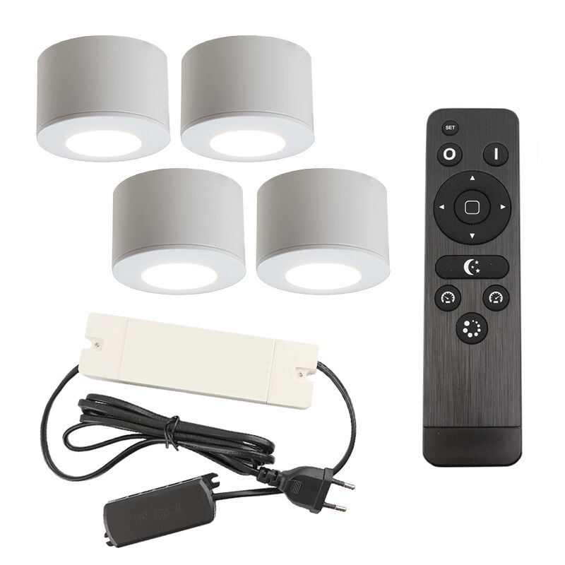 4 ronde witte veranda opbouwspots Vasso, IP44, incl. aansluitset en afstandbediening
