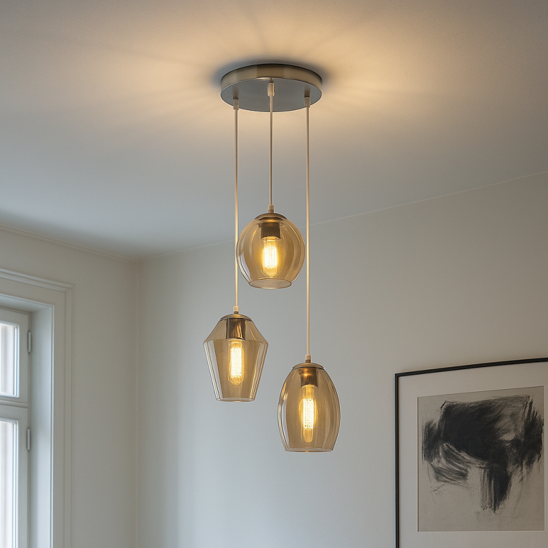 Ronde design hanglamp Lazaro met 3 amberkleurige kappen Ronde design hanglamp Lazaro met 3 amberkleurige kappen