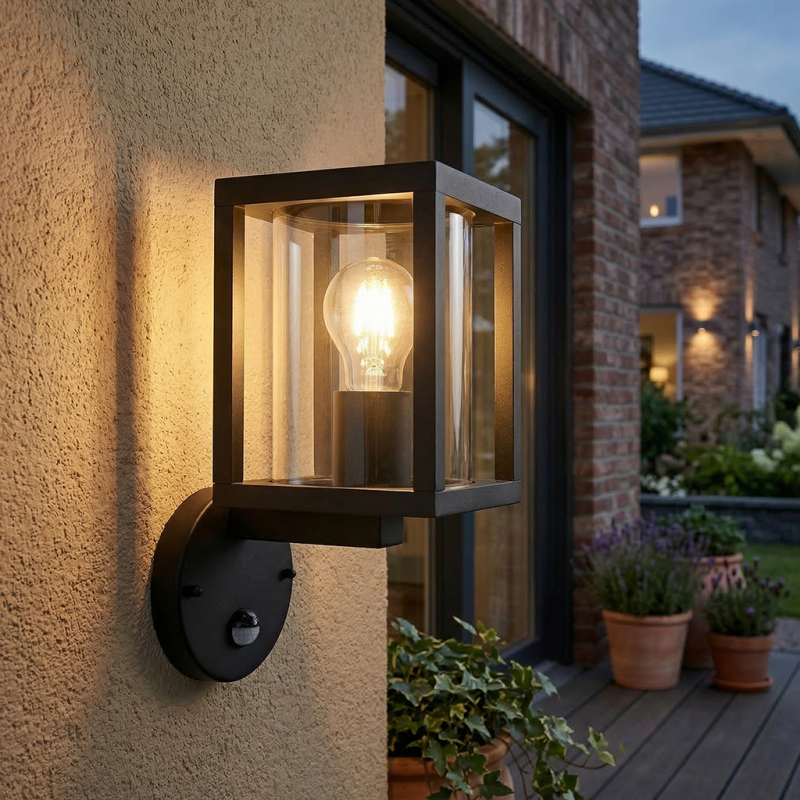 Moderne buiten wandlamp met bewegingssensor zwart, Amalie, IP54 Moderne buiten wandlamp met bewegingssensor zwart, Amalie, IP54