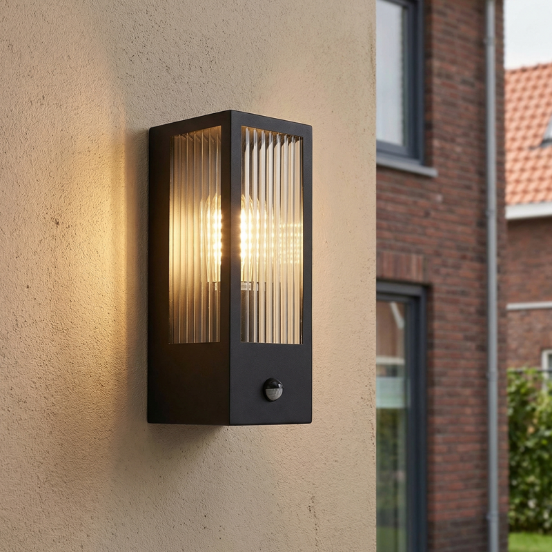 Moderne buiten wandlamp met bewegingssensor zwart, Senne, IP44 Moderne buiten wandlamp met bewegingssensor zwart, Senne, IP44