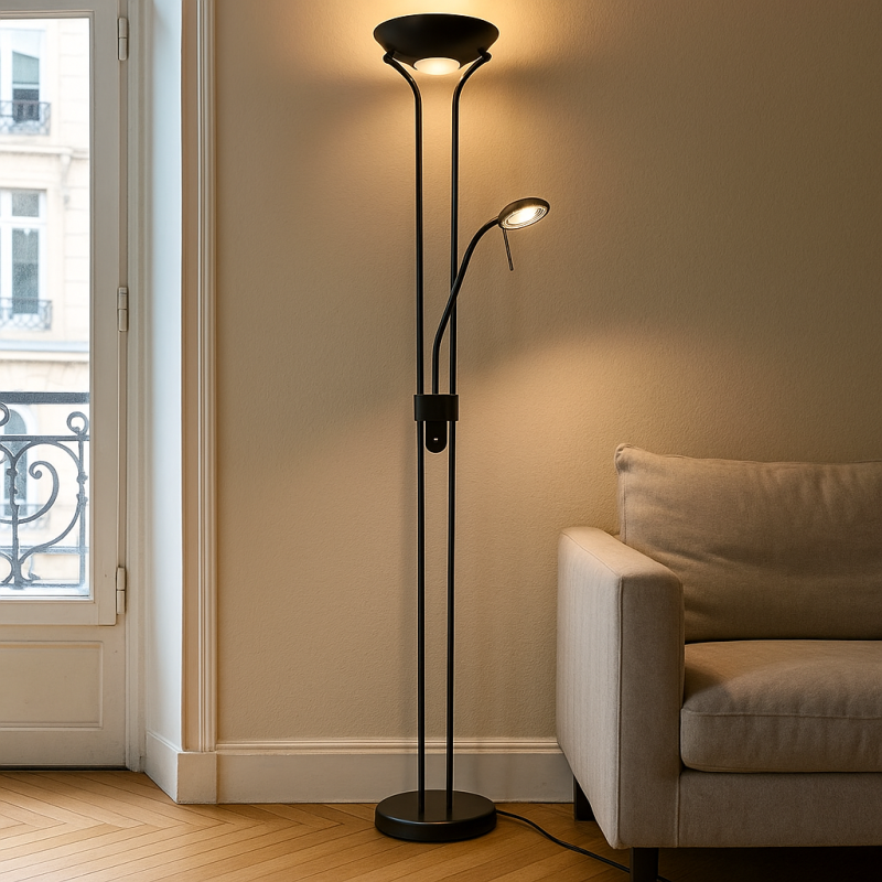 Moderne staande leeslamp zwart, Salvador, 18W, 3000K LED, met schakelaar Moderne staande leeslamp zwart, Salvador, 18W, 3000K LED, met schakelaar