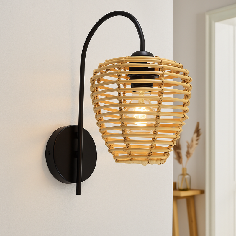 Rotan wandlamp bruin, Irene, met schakelaar Rotan wandlamp bruin, Irene, met schakelaar