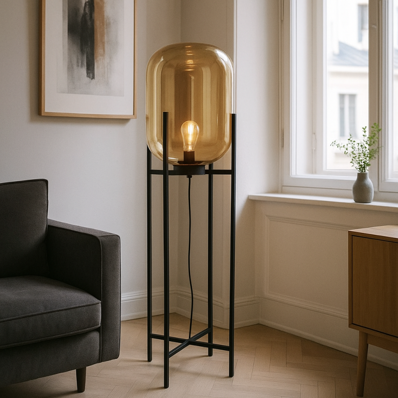 Retro vloerlamp amber, Roxy, met schakelaar Retro vloerlamp amber, Roxy, met schakelaar