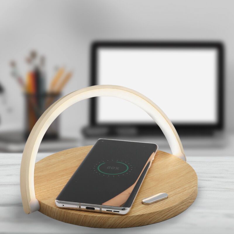 Houten tafellamp Erhan, kunststof, 2w, 3000K LED, met oplaadfunctie voor telefoon