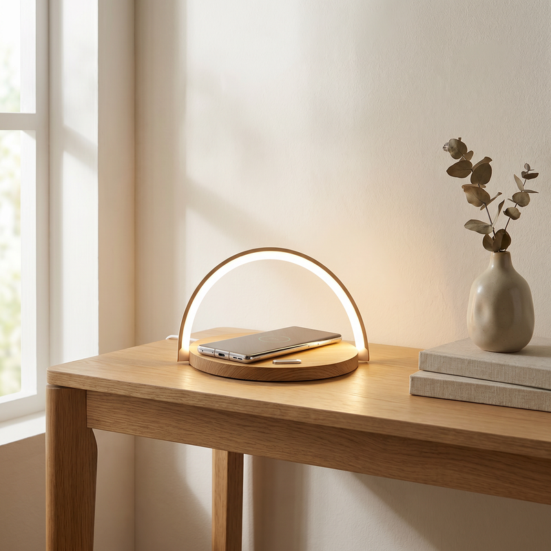 Houten tafellamp Erhan, kunststof, 2w, 3000K LED, met oplaadfunctie voor telefoon Houten tafellamp Erhan, kunststof, 2w, 3000K LED, met oplaadfunctie voor telefoon