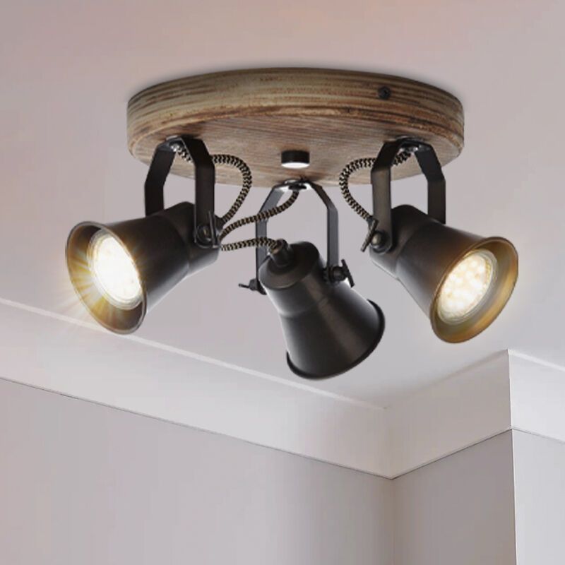 Industriële plafondspot Carolyn, zwart, hout Industriële plafondspot Carolyn, zwart, hout