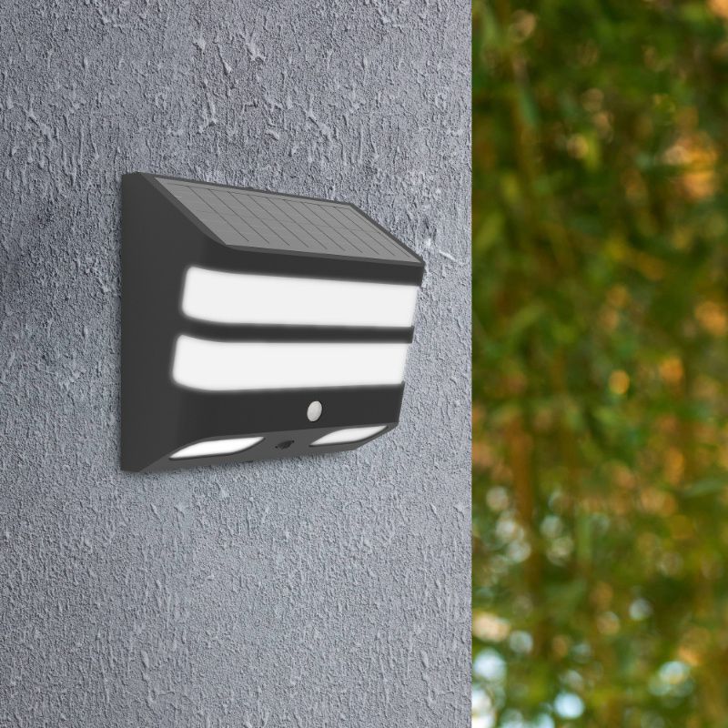 Zwarte buiten wandlamp op zonne-energie kunststof, Hisham, 6,5W, 4000K LED, IP65 Zwarte buiten wandlamp op zonne-energie kunststof, Hisham, 6,5W, 4000K LED, IP65