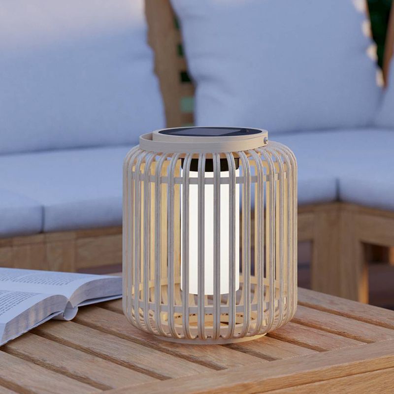 Bruine buiten tafellamp op zonne-energie hout, Hanin, 3,3W, 4000K LED, IP44, met schakelaar