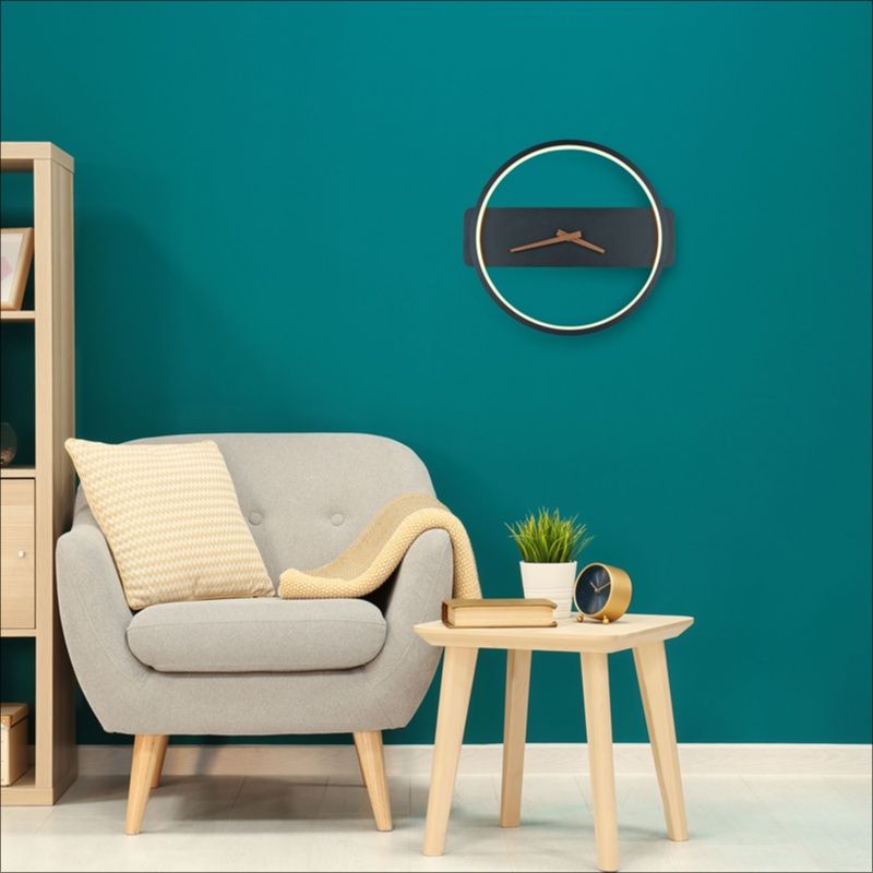 Zwarte design wandlamp met klok, Sybe, 12W, 3000K LED