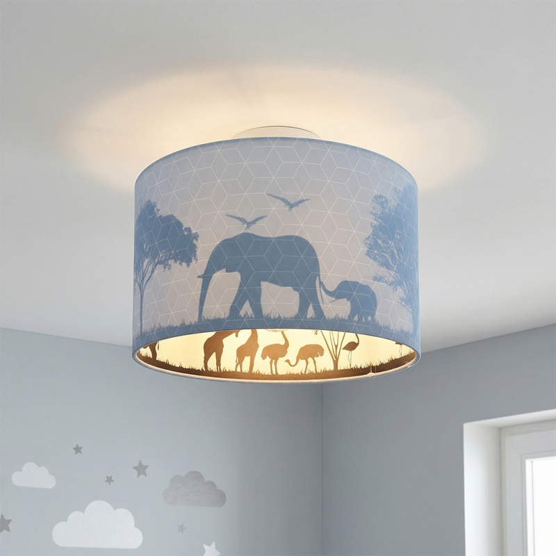 Blauwe dieren kinderkamer plafondlamp Safari, Binnenzijde doorschijnend