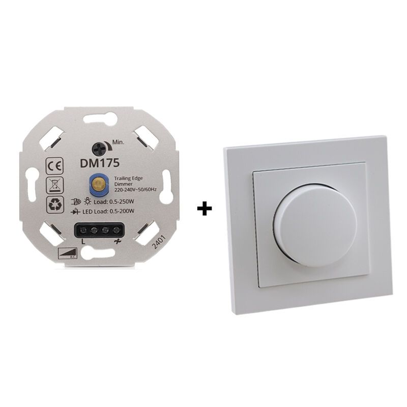 LED dimmer, 0,5 - 200W, met witte afdekraam en centraalplaat