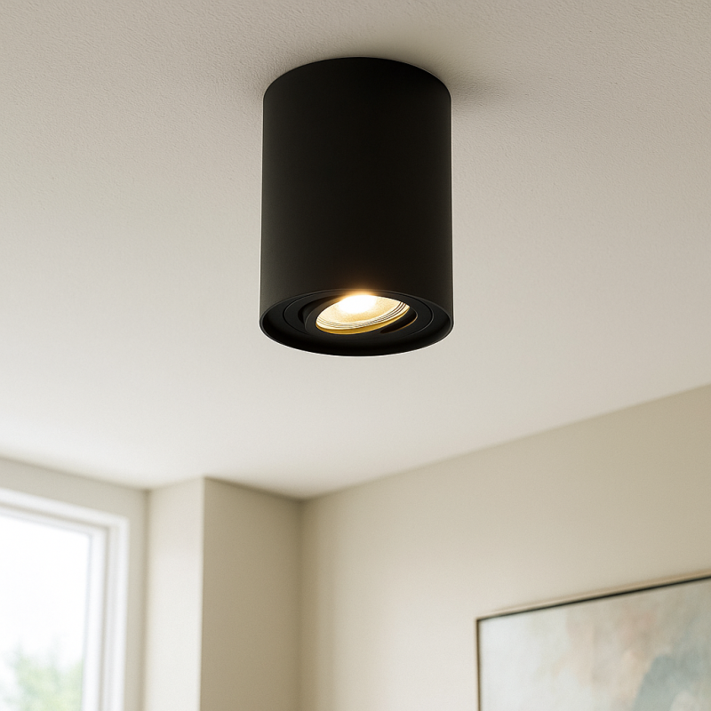 Ronde, zwarte opbouwspot Onno, Richtbaar Ronde, zwarte opbouwspot Onno, Richtbaar