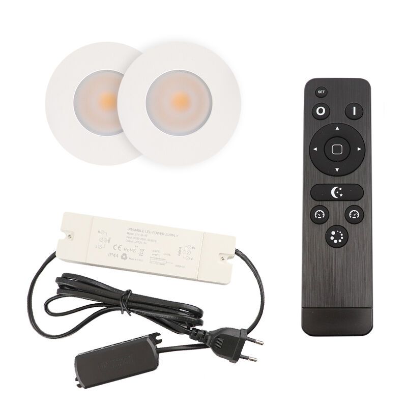 2 witte veranda inbouwspots Dico, IP65, incl. aansluitset en afstandbediening