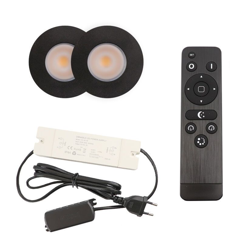 2 zwarte veranda inbouwspots Dico, IP65, incl. aansluitset en afstandbediening