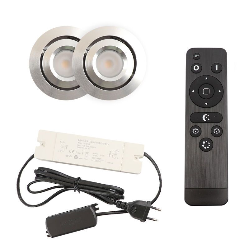 2 kantelbare veranda spots Rona, IP44, met aansluitset en afstandsbediening, geborsteld chroom 2 kantelbare veranda spots Rona, IP44, met aansluitset en afstandsbediening, geborsteld chroom