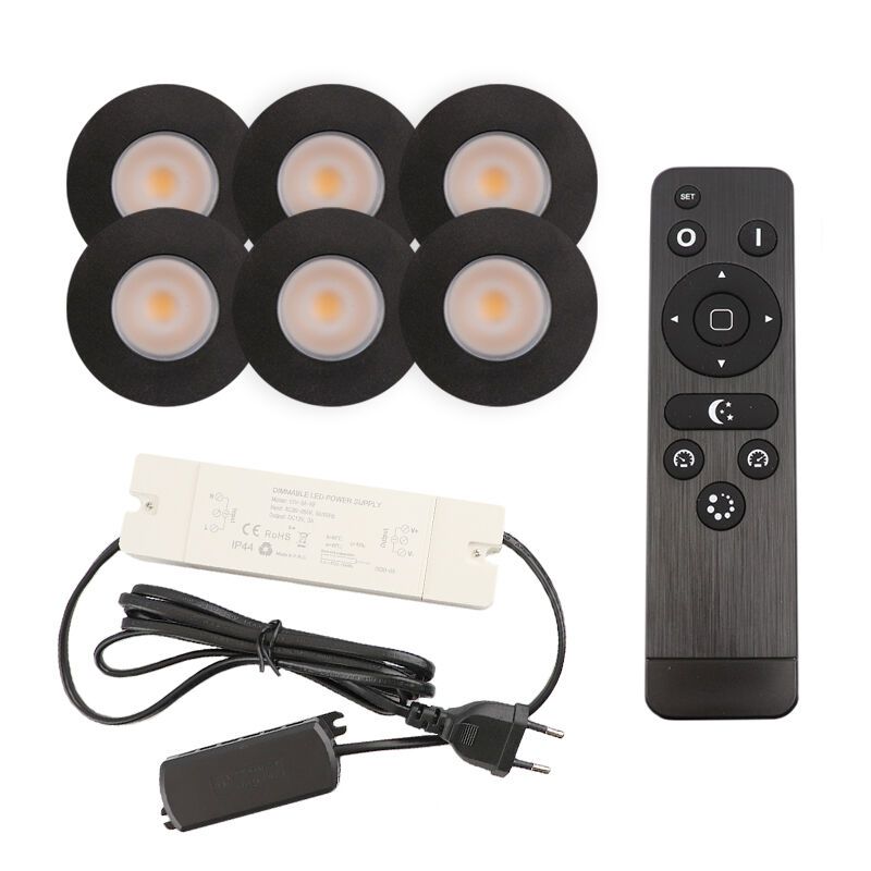 6 zwarte veranda inbouwspots Dico, IP65, incl. aansluitset en afstandbediening 6 zwarte veranda inbouwspots Dico, IP65, incl. aansluitset en afstandbediening