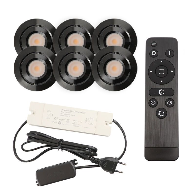 6 kantelbare veranda spots Rona, IP44, met aansluitset en afstandsbediening, zwart 6 kantelbare veranda spots Rona, IP44, met aansluitset en afstandsbediening, zwart