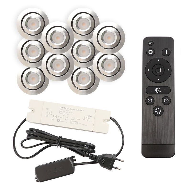 10 kantelbare veranda spots Rona, IP44, met aansluitset en afstandsbediening, geborsteld chroom 10 kantelbare veranda spots Rona, IP44, met aansluitset en afstandsbediening, geborsteld chroom