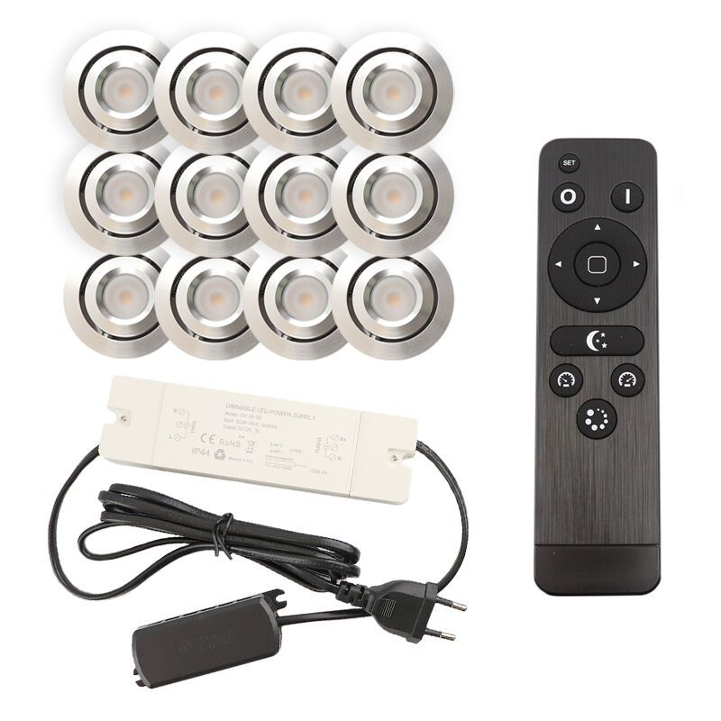 12 kantelbare veranda spots Rona, IP44, met aansluitset en afstandsbediening, geborsteld chroom