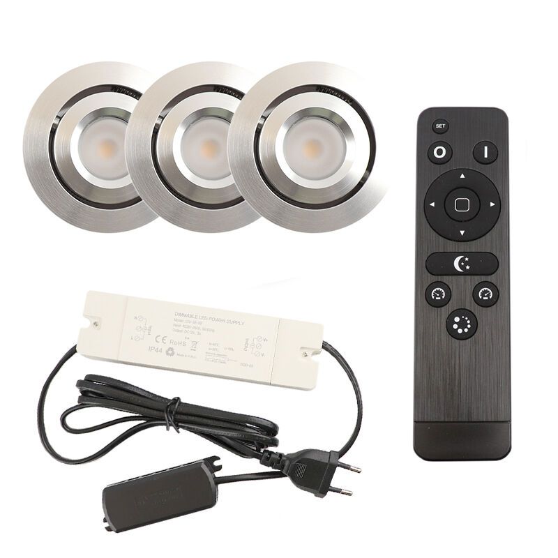 3 kantelbare veranda spots Rona, IP44, met aansluitset en afstandsbediening, geborsteld chroom 3 kantelbare veranda spots Rona, IP44, met aansluitset en afstandsbediening, geborsteld chroom