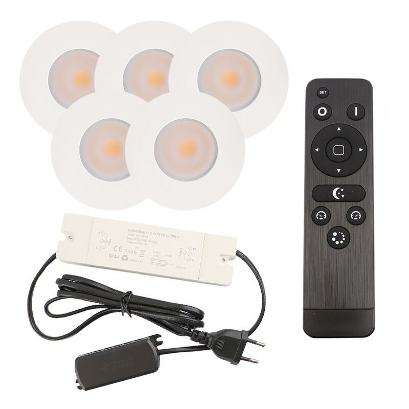5 witte veranda inbouwspots Dico, IP65, incl. aansluitset en afstandbediening 5 witte veranda inbouwspots Dico, IP65, incl. aansluitset en afstandbediening