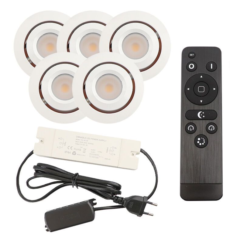 5 kantelbare veranda spots Rona, IP44, met aansluitset en afstandsbediening, wit 5 kantelbare veranda spots Rona, IP44, met aansluitset en afstandsbediening, wit