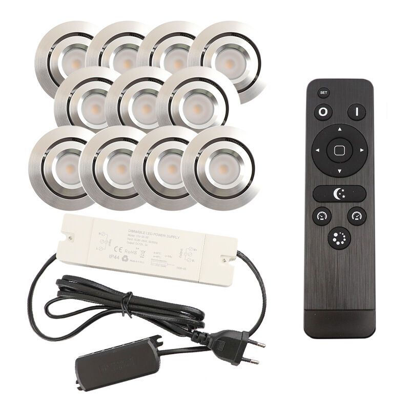 11 kantelbare veranda spots Rona, IP44, met aansluitset en afstandsbediening, geborsteld chroom 11 kantelbare veranda spots Rona, IP44, met aansluitset en afstandsbediening, geborsteld chroom