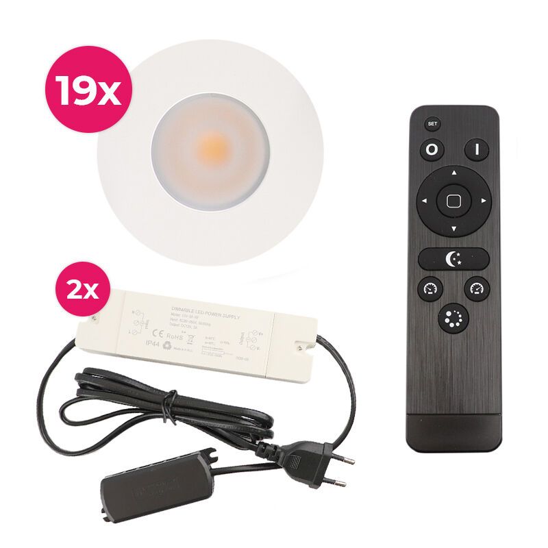 19 witte veranda inbouwspots Dico, IP65, incl. aansluitset en afstandbediening