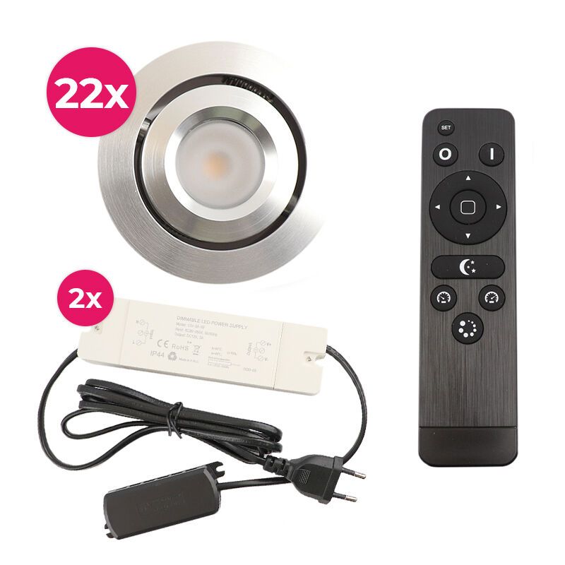 22 kantelbare veranda spots Rona, IP44, met aansluitset en afstandsbediening, geborsteld chroom