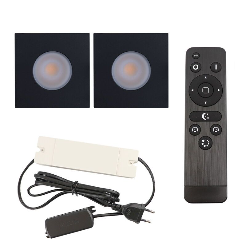 2 vierkante zwarte veranda inbouwspots Dico, IP65, incl. aansluitset en afstandbediening 2 vierkante zwarte veranda inbouwspots Dico, IP65, incl. aansluitset en afstandbediening