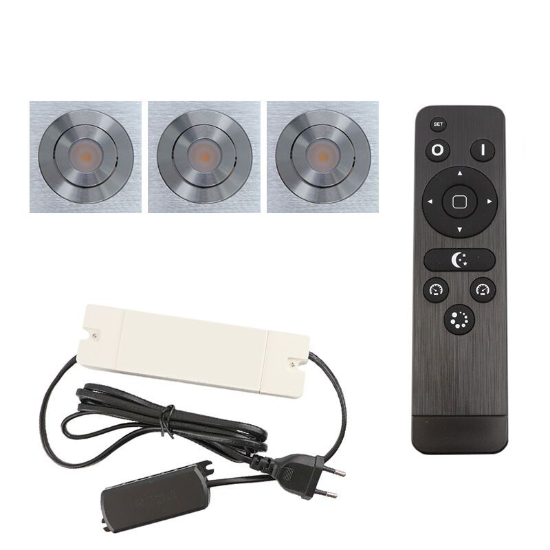 3 kantelbare veranda spots Rona vierkant, IP44, met aansluitset en afstandsbediening, geborsteld chroom