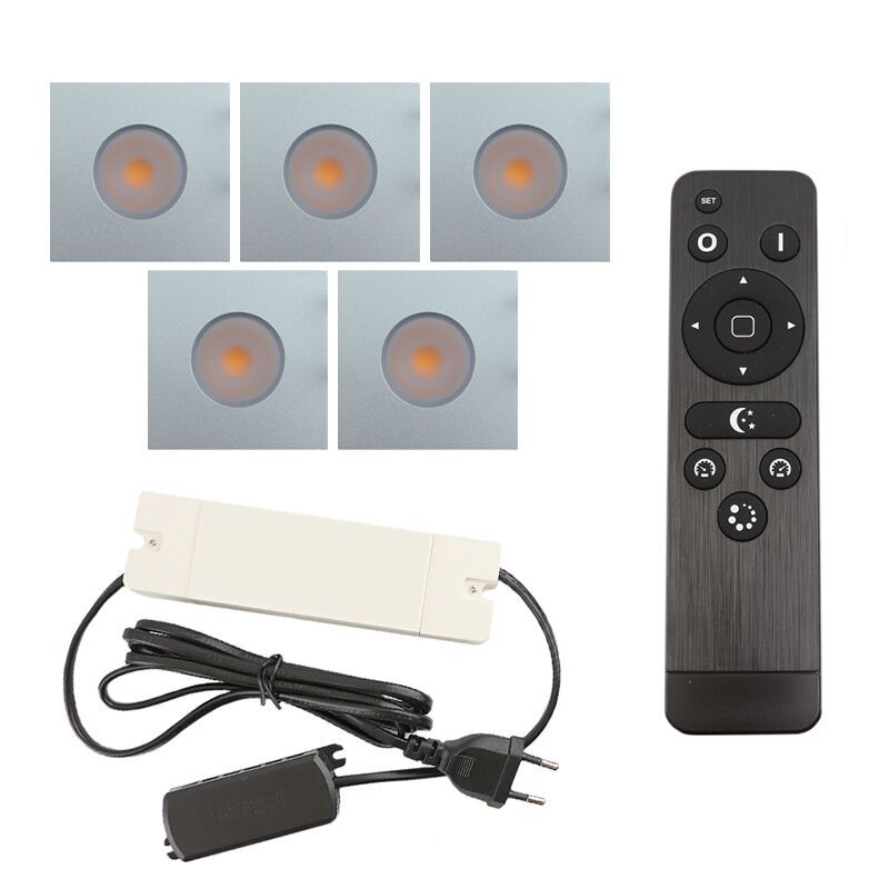 5 vierkante geborsteld Chroom veranda inbouwspots Dico, IP65, incl. aansluitset en afstandbediening