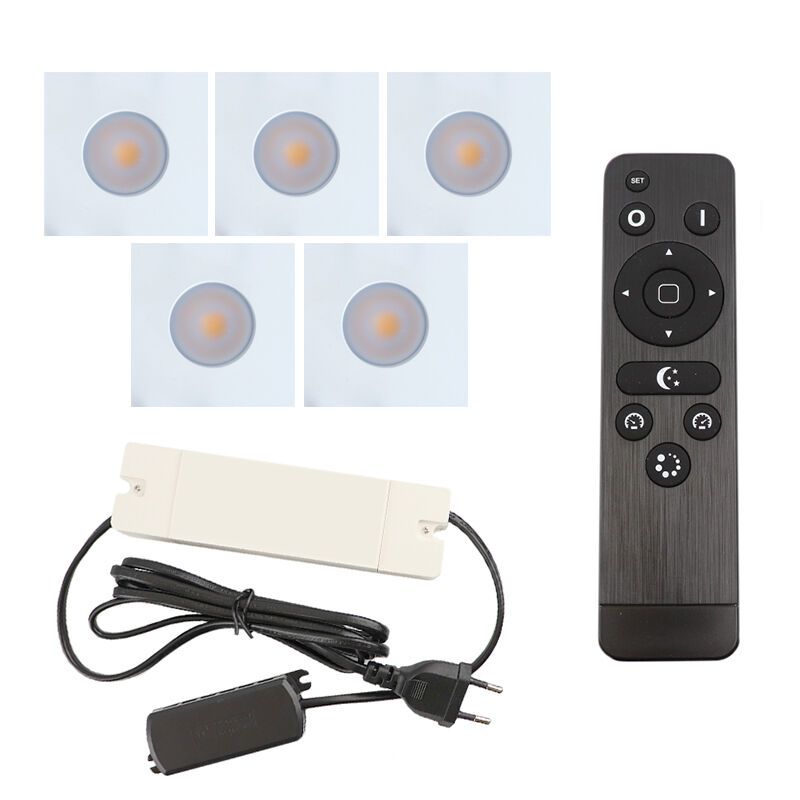 5 vierkante witte veranda inbouwspots Dico, IP65, incl. aansluitset en afstandbediening