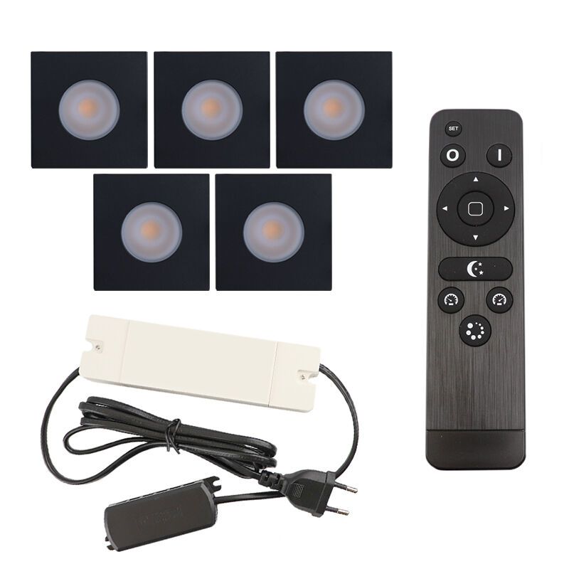5 vierkante zwarte veranda inbouwspots Dico, IP65, incl. aansluitset en afstandbediening 5 vierkante zwarte veranda inbouwspots Dico, IP65, incl. aansluitset en afstandbediening