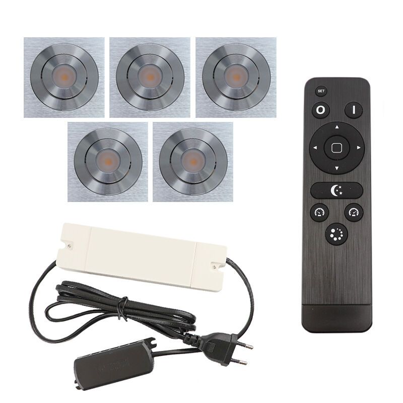 5 kantelbare veranda spots Rona vierkant, IP44, met aansluitset en afstandsbediening, geborsteld chroom