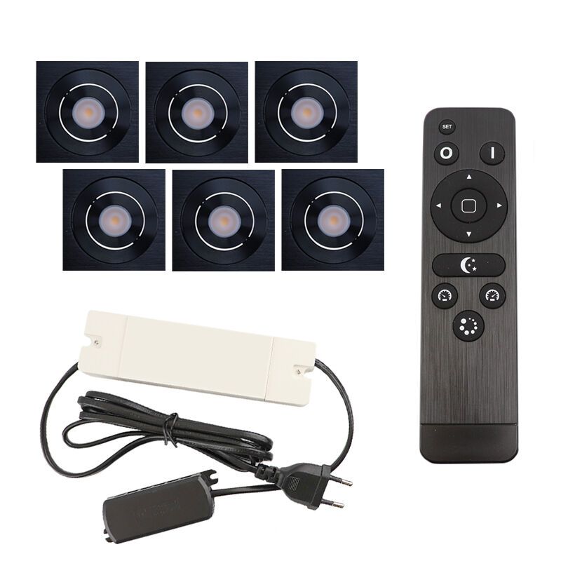 6 kantelbare veranda spots Rona vierkant, IP44, met aansluitset en afstandsbediening, zwart 6 kantelbare veranda spots Rona vierkant, IP44, met aansluitset en afstandsbediening, zwart