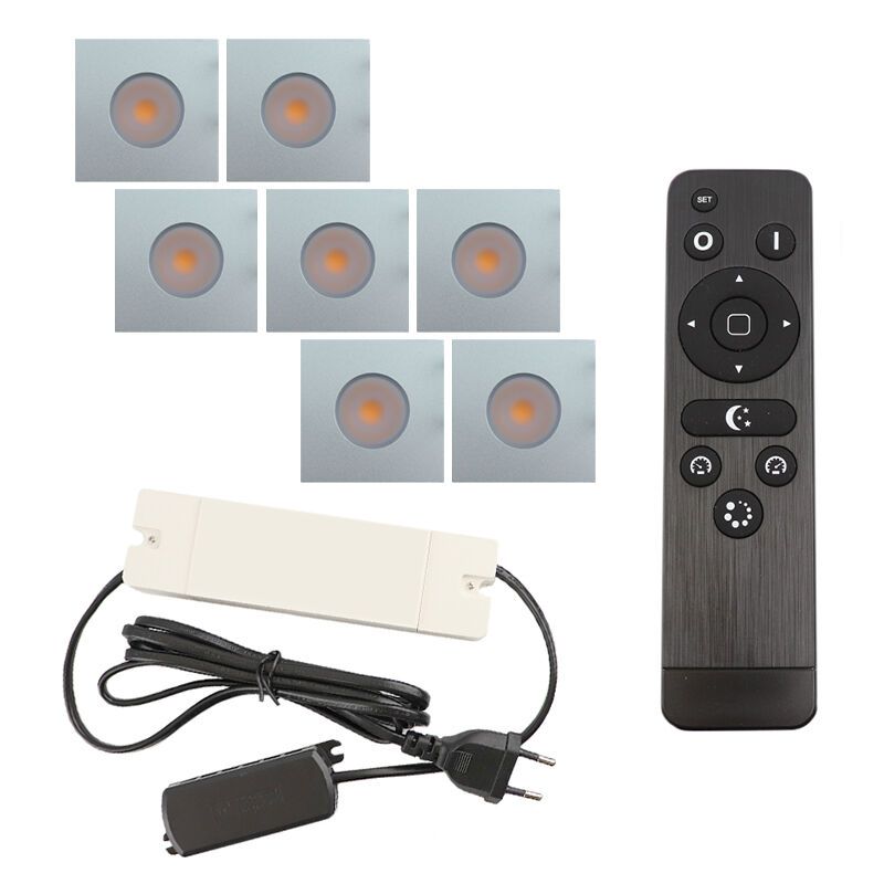 7 vierkante geborsteld Chroom veranda inbouwspots Dico, IP65, incl. aansluitset en afstandbediening 7 vierkante geborsteld Chroom veranda inbouwspots Dico, IP65, incl. aansluitset en afstandbediening