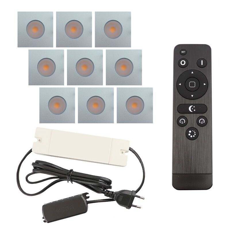 9 vierkante geborsteld Chroom veranda inbouwspots Dico, IP65, incl. aansluitset en afstandbediening 9 vierkante geborsteld Chroom veranda inbouwspots Dico, IP65, incl. aansluitset en afstandbediening