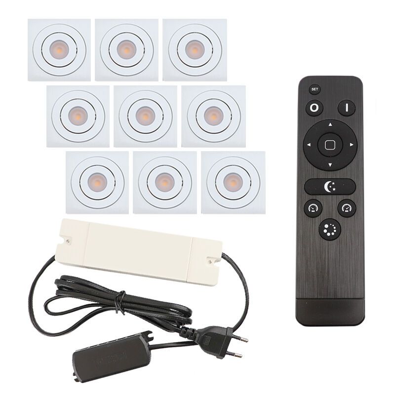 9 kantelbare veranda spots Rona vierkant, IP44, met aansluitset en afstandsbediening, wit