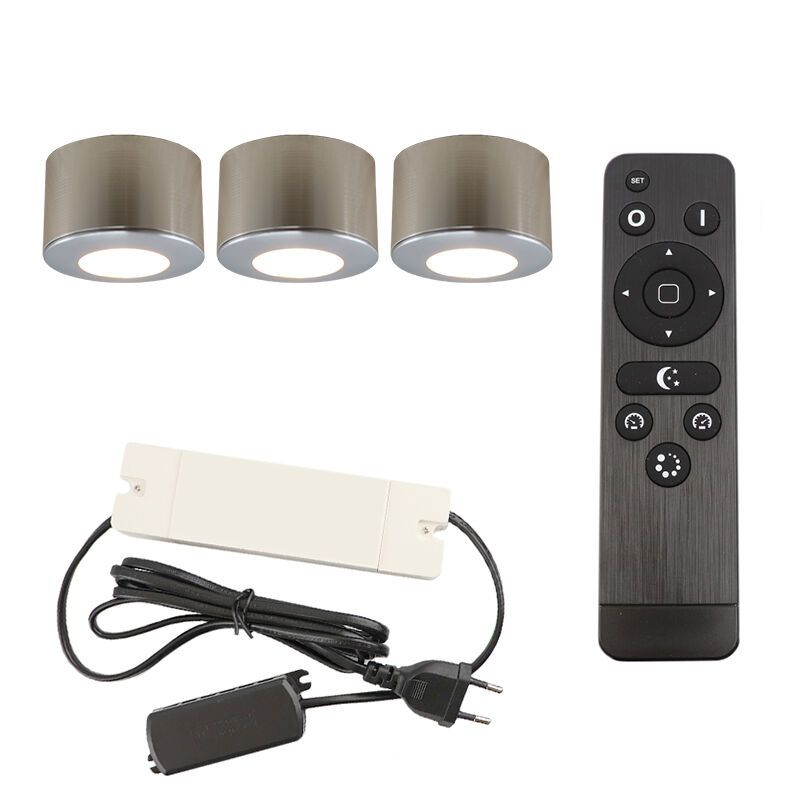 3 ronde geborsteld Chroom veranda opbouwspots Vasso, IP44, incl. aansluitset en afstandbediening 3 ronde geborsteld Chroom veranda opbouwspots Vasso, IP44, incl. aansluitset en afstandbediening