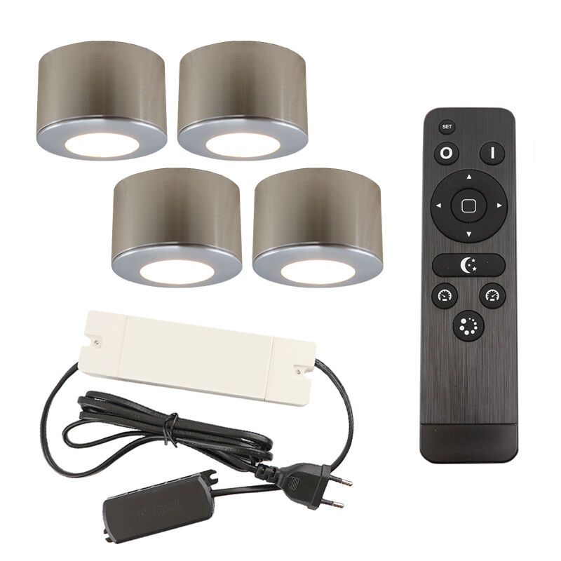 4 ronde geborsteld Chroom veranda opbouwspots Vasso, IP44, incl. aansluitset en afstandbediening