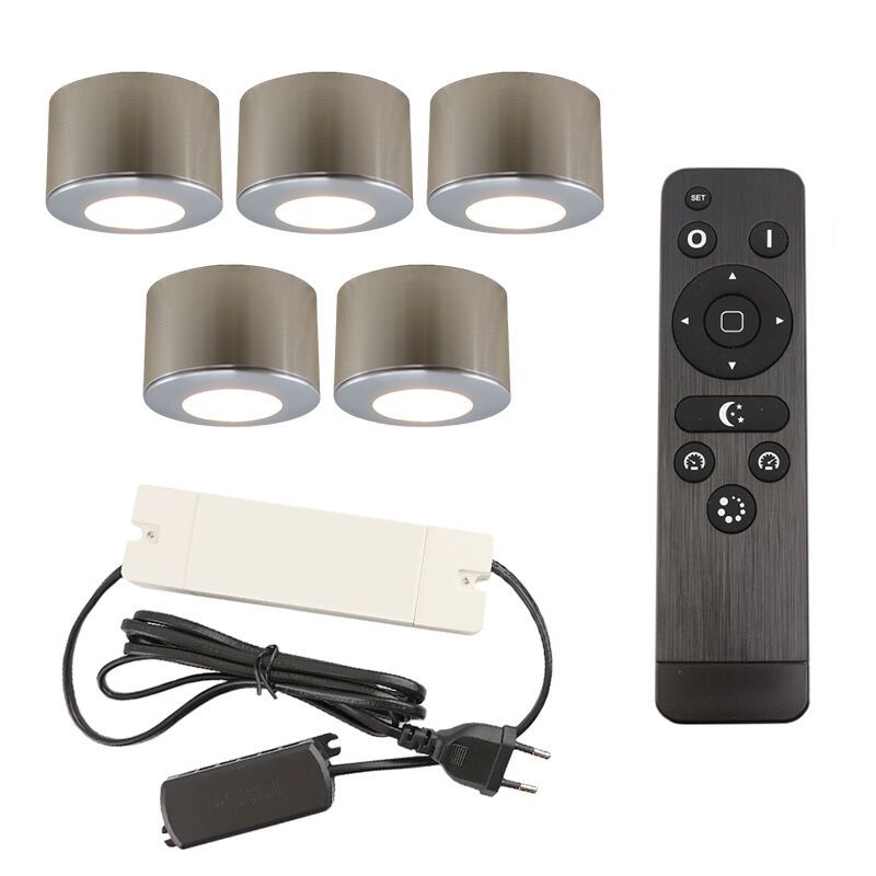 5 ronde geborsteld Chroom veranda opbouwspots Vasso, IP44, incl. aansluitset en afstandbediening