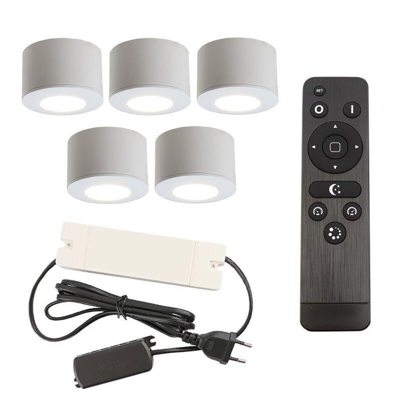 5 ronde witte veranda opbouwspots Vasso, IP44, incl. aansluitset en afstandbediening